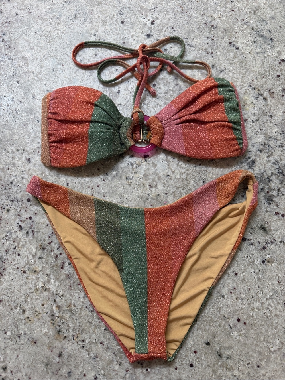 Beach Riot Bikini Sparkle Stripe Yasmin Metallic Two Piece Swimsuit Large Small